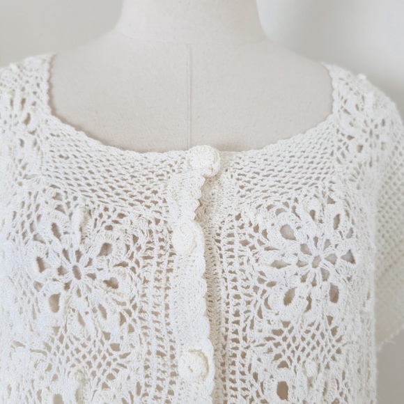 Crochet Button Down Cardigan Short Sleeve See-through Floral - Picture 5 of 10